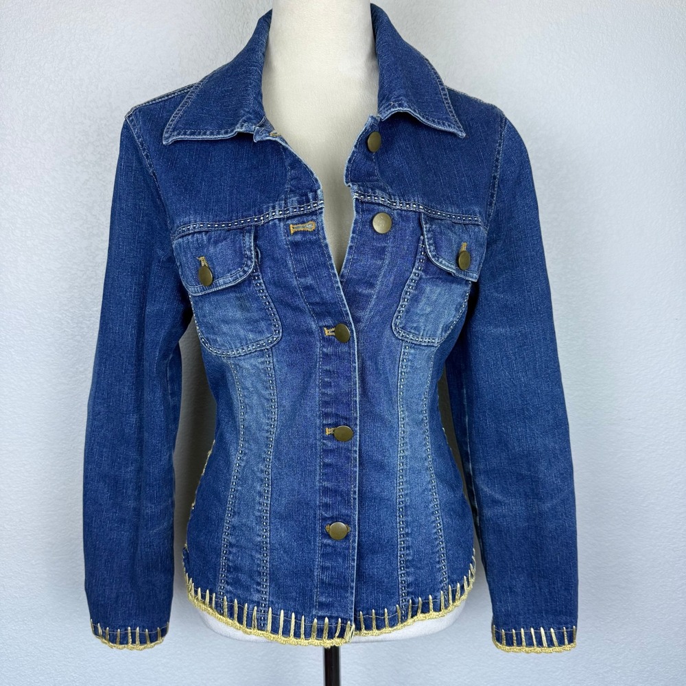 Boho Style Bamboo Traders Dark Blue Denim Jean Button Down Shirt with Gold Trim
